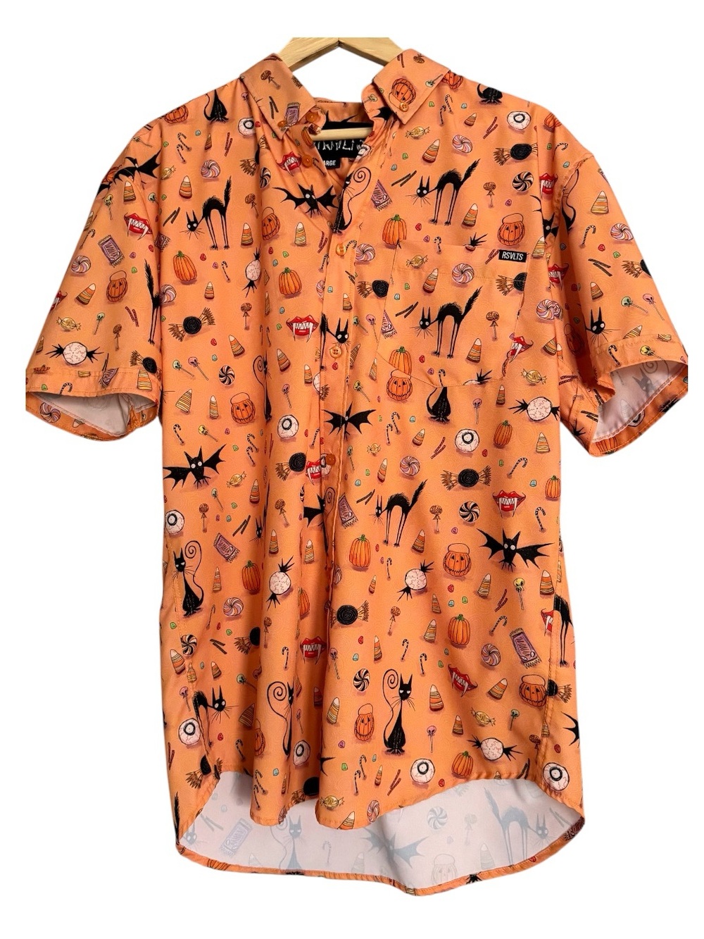 RSVLTS Men’s Orange Halloween Shirt Cats Bats Candies KNUFLEX Short Sleeve L